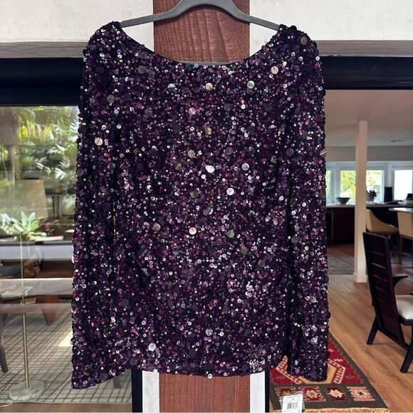 Aidan Mattox Tops - AIDAN MATTOCK women’s long sleeve black purple plunge back sequin top size M nwt
